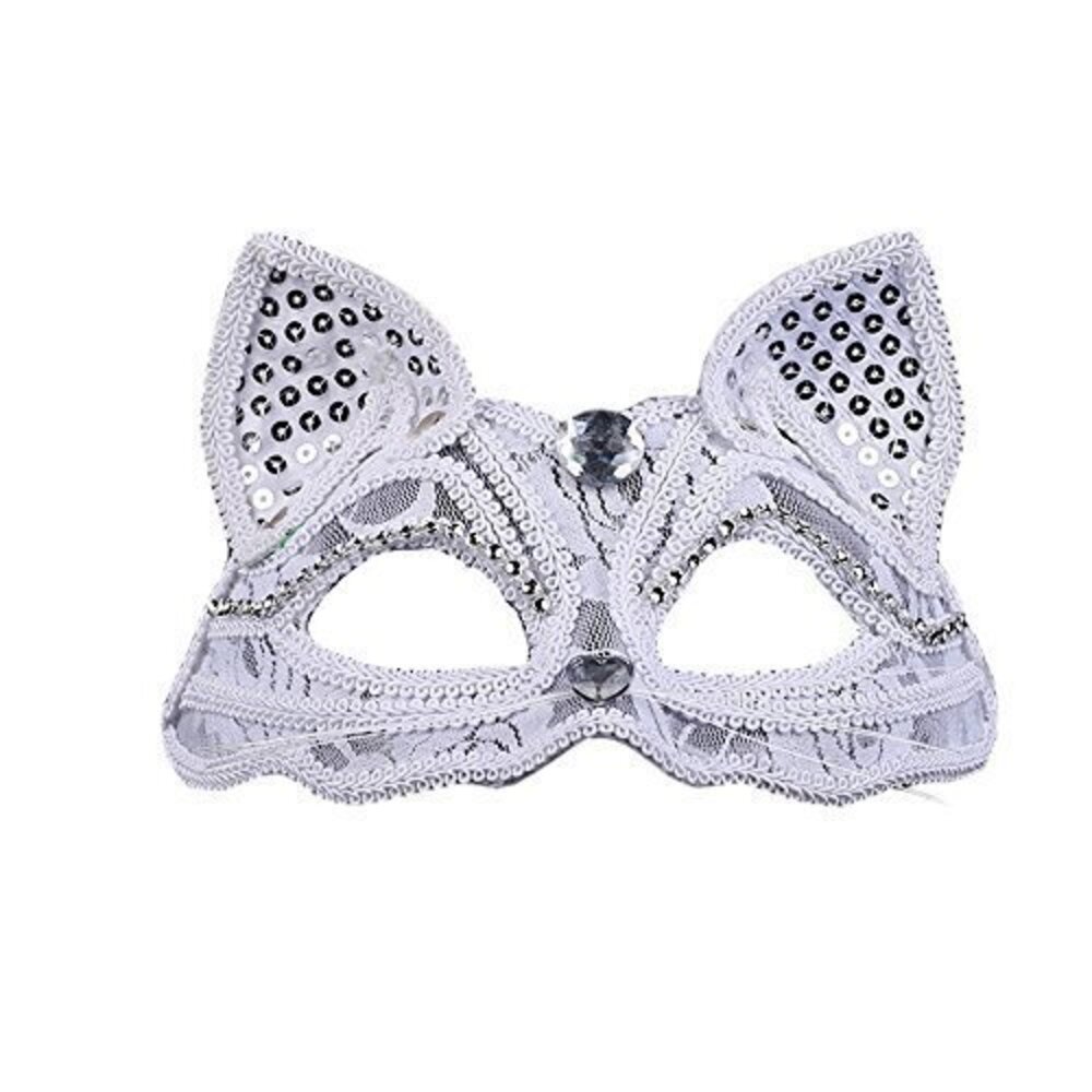 6476 2 Pieces Masquerade Party Performances Lace Cat Mask White1